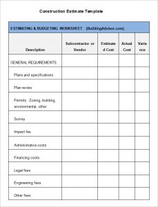 construction estimate template construction estimate template