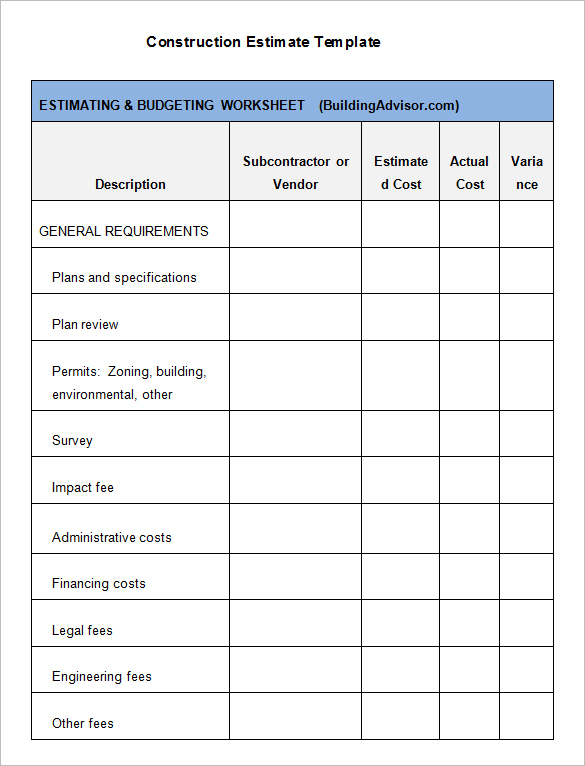 construction estimate template