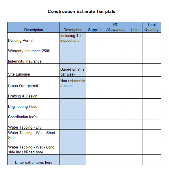 construction estimate template