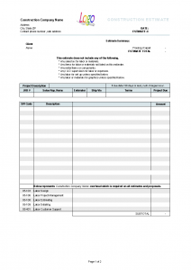 construction estimate template construction estimate template printed