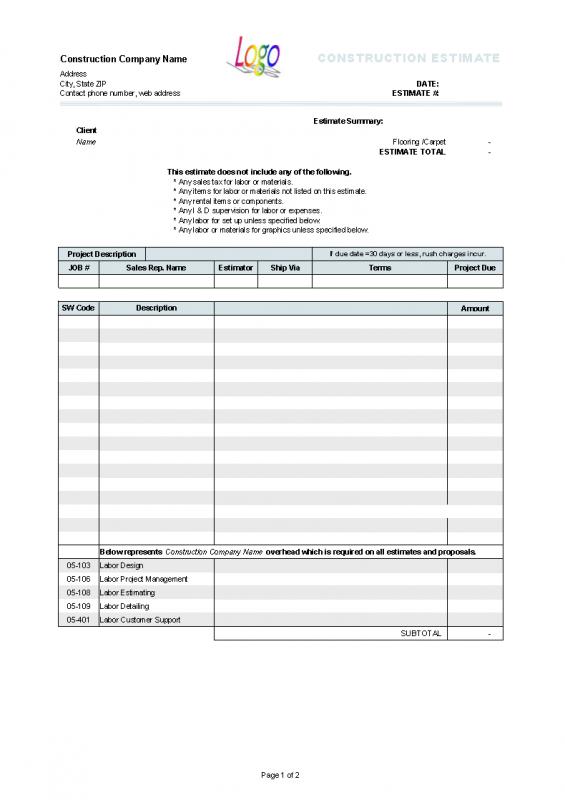 construction estimate template