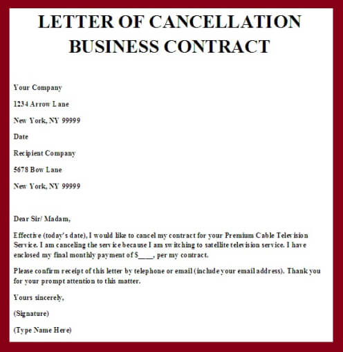 Cancellation Of Contract Letter Template Word