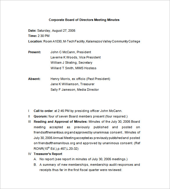 Corporate Meeting Minutes Template Template Business