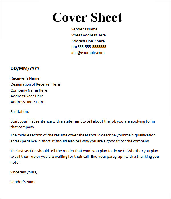 cover sheet format