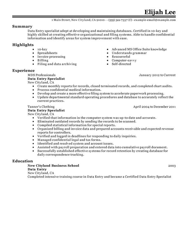 data entry resume