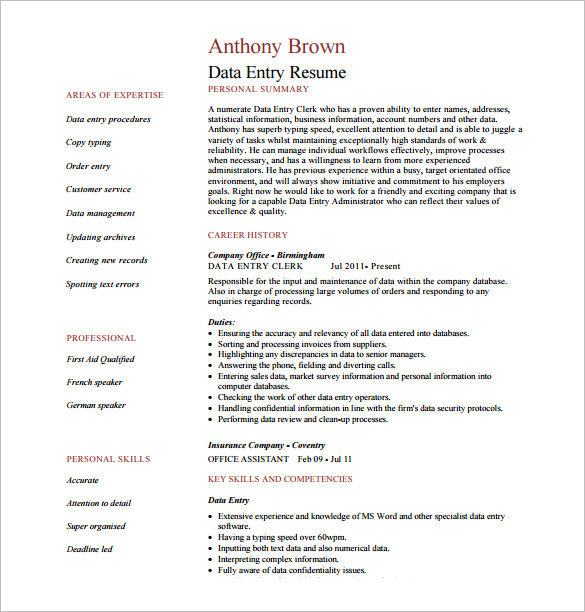 data entry resume