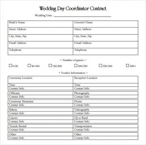 day of wedding checklist wedding day coordinator contract