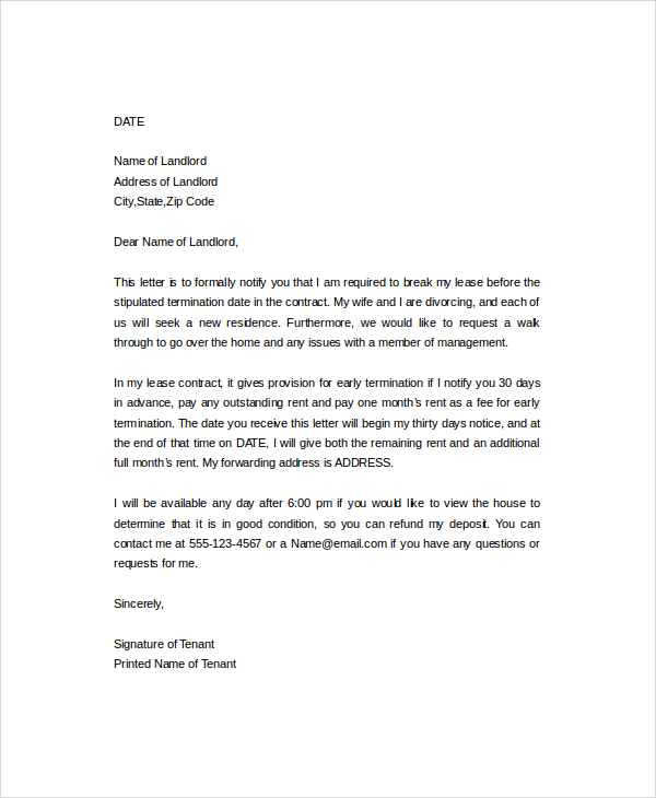 Early Lease Termination Letter Template Business