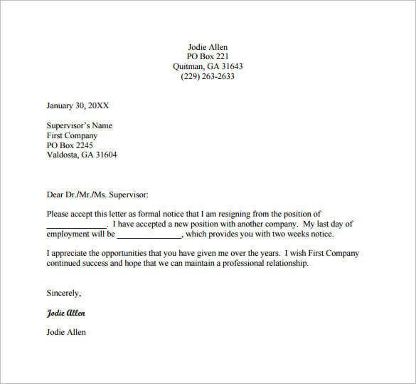 Email Resignation Letter Template Business