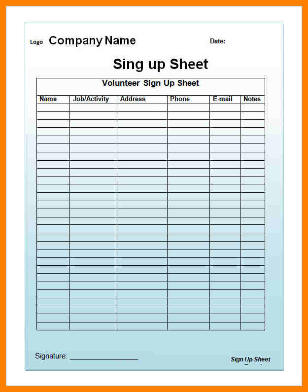 Email Sign Up Sheet Template Business