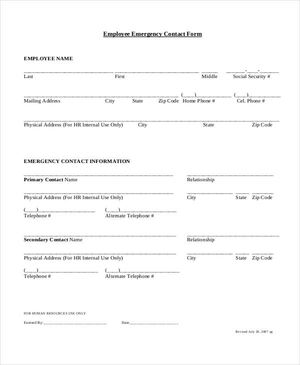 emergency contact form template