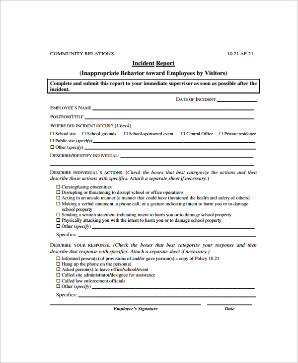 Employee Incident Report Template Business