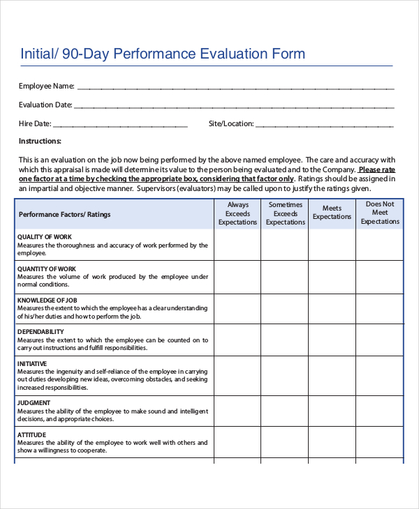 Employee 30 60 90 Day Review Form