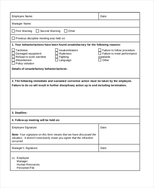 Employee Write Up Form Free Printable Template Business