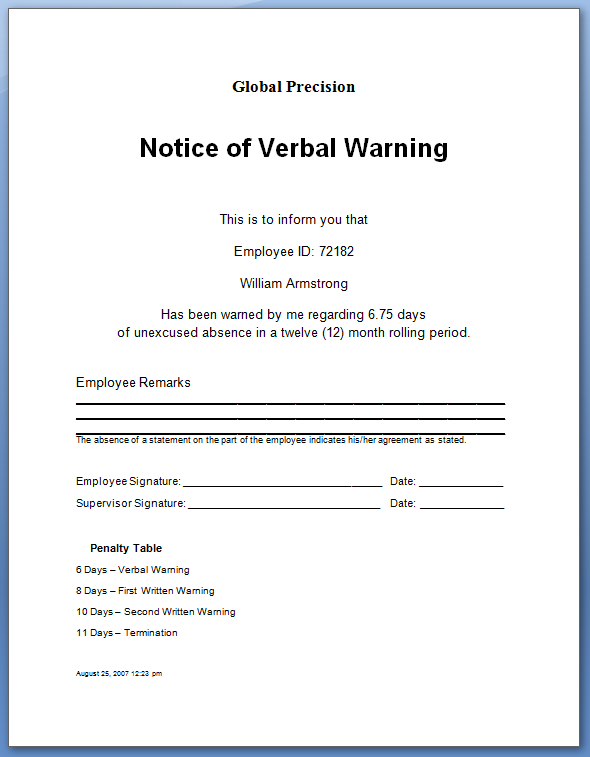 Written Warning Work Template