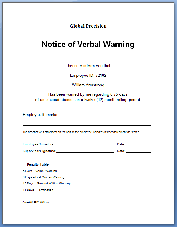 Employee Written Warning Template Template Business