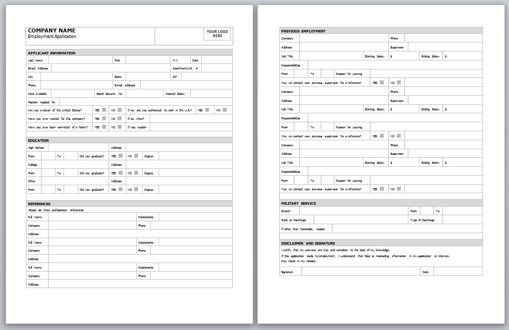 employment application template