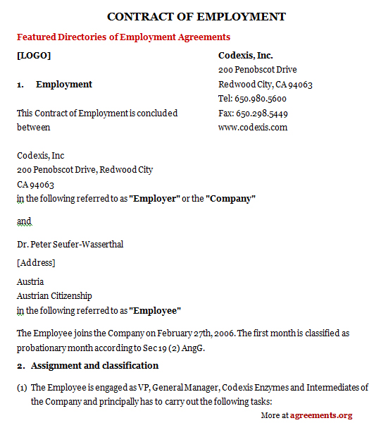 employment contract sample