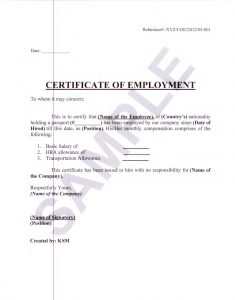 employment verification letter for visa certificate of employment