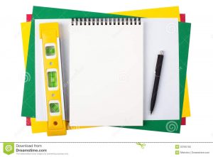 engineering paper template notebook level black pen colored paper yellow ballpoint sheets composition isolated white background