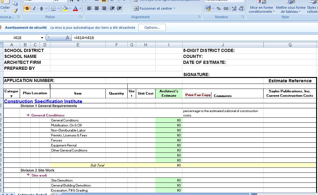 estimate template excel