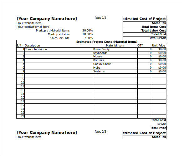 estimate template excel