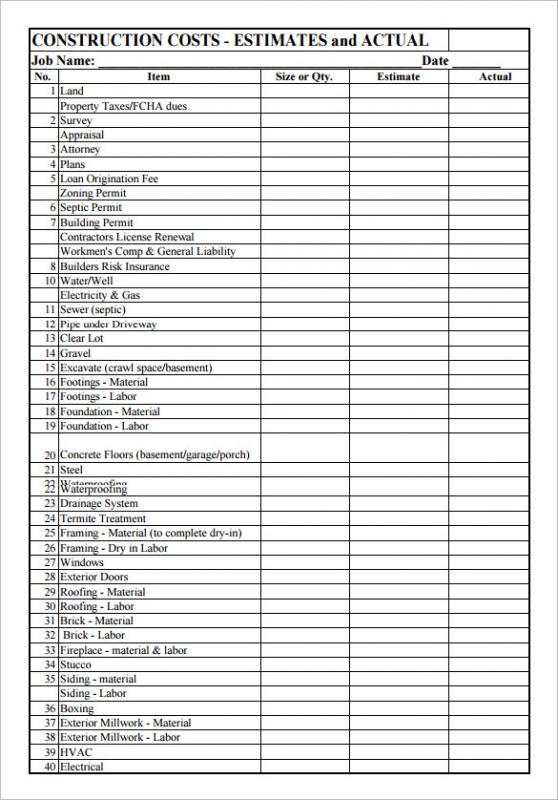 estimate template excel