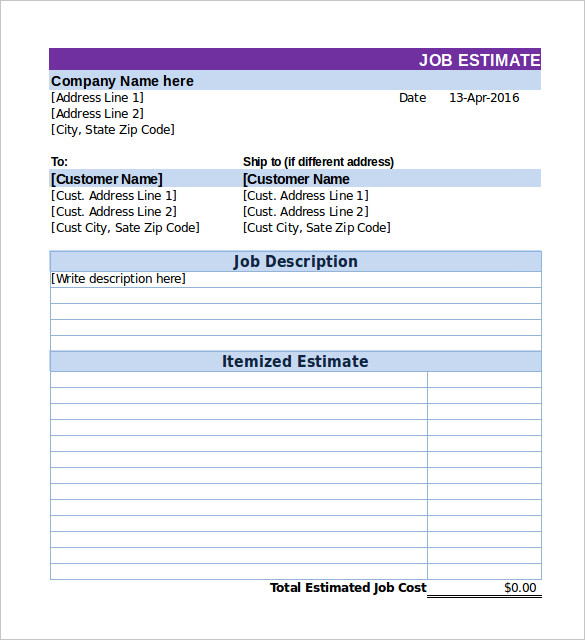 estimate template excel