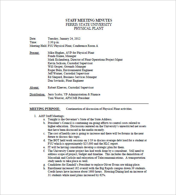 Example Of Meeting Minutes Template Business