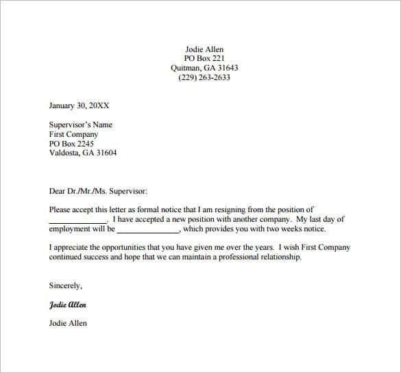 example resignation letter