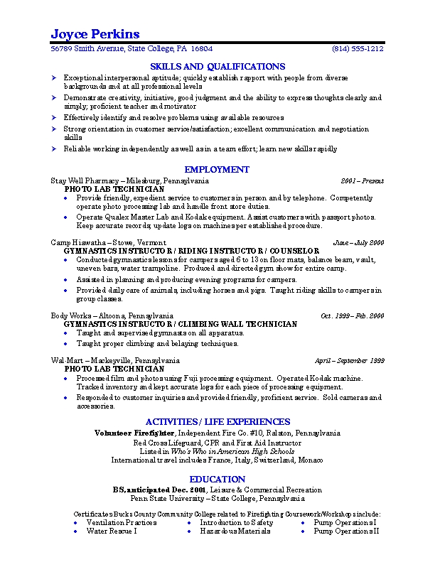 example student resume