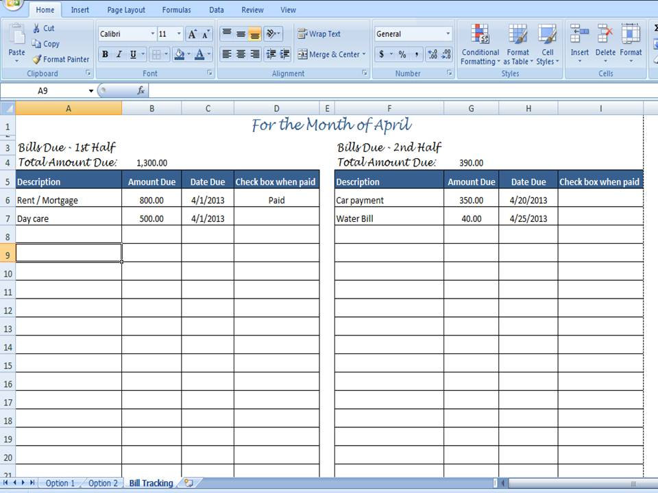Excel Template For Bill Tracking