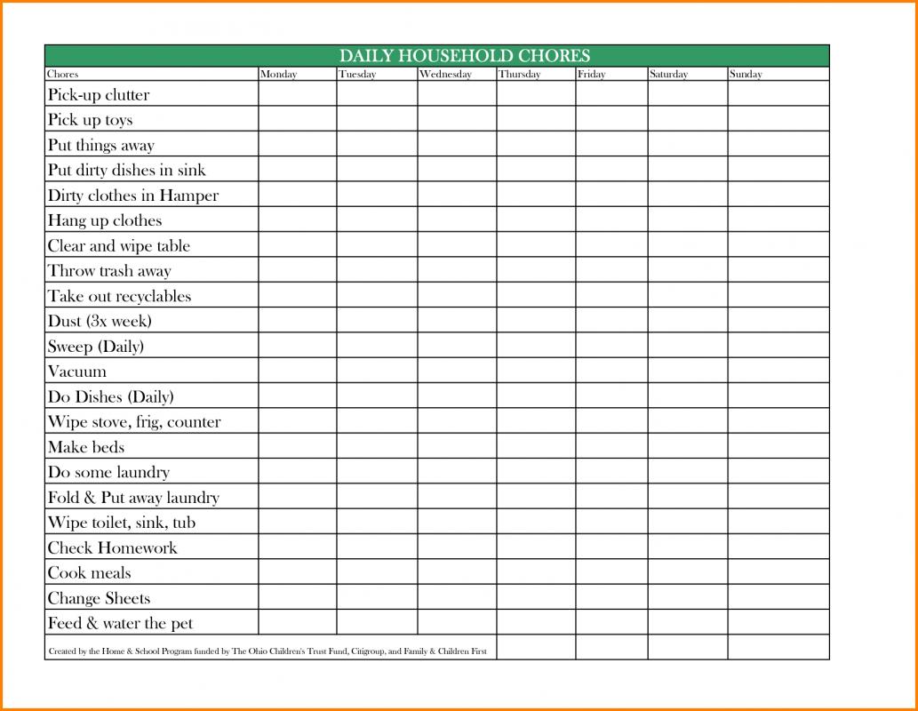 Household Chores Excel Spreadsheet