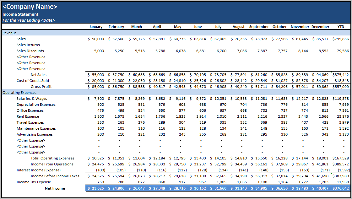 Excel Income Statement Template Business