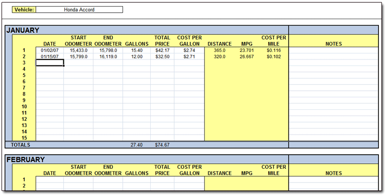 excel mileage log