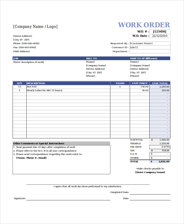 Excel Work Order Template Template Business