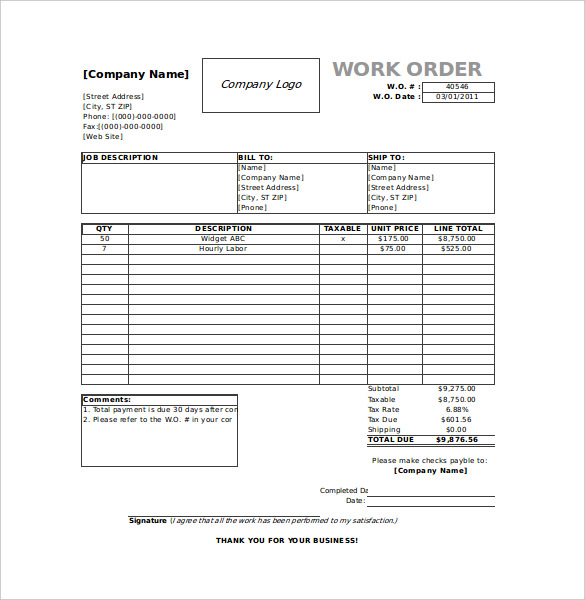 Excel Work Order Template | Template Business