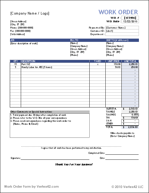 Excel Work Order Template | Template Business