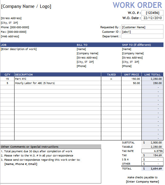 Excel Work Order Template | Template Business