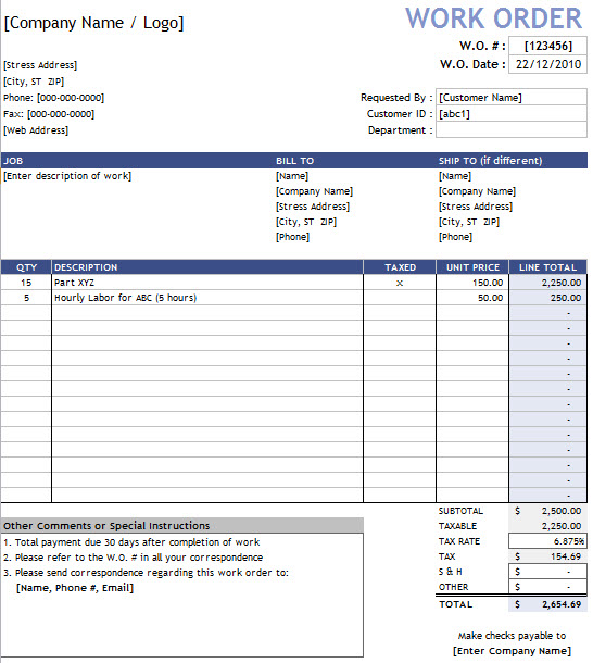 excel work order template