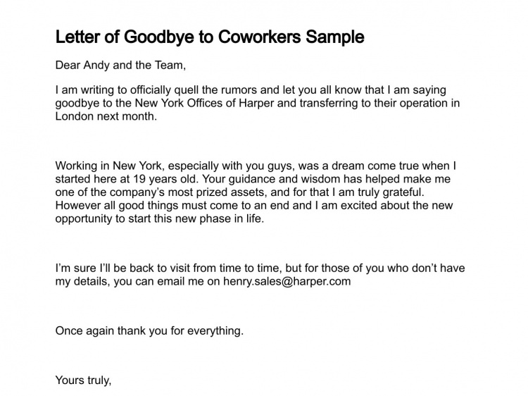 Farewell Email To Coworkers Template Business