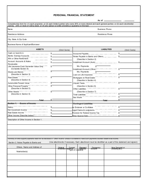 Fillable Personal Financial Statement Template Business 2002