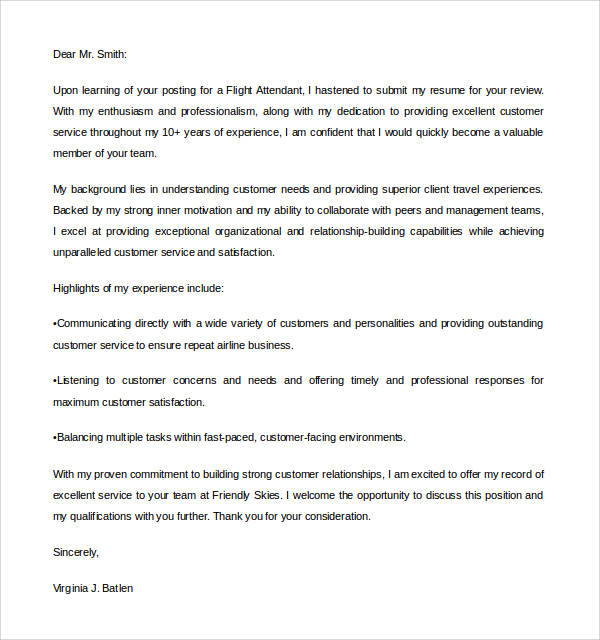 flight attendant cover letter