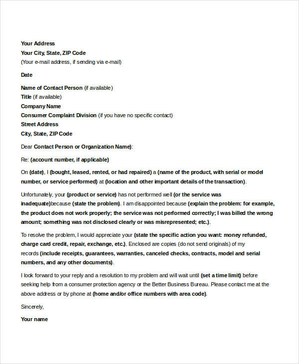 formal complaints letter