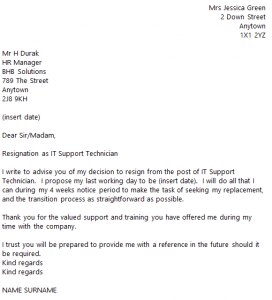 formal resign letter template it support technician resignation letter