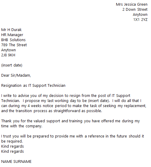 formal resign letter template