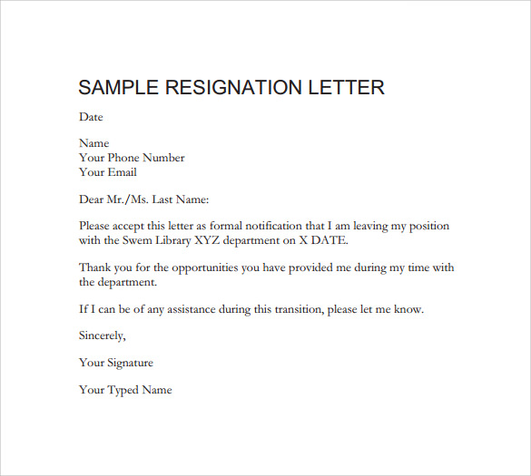 formal resignation letter