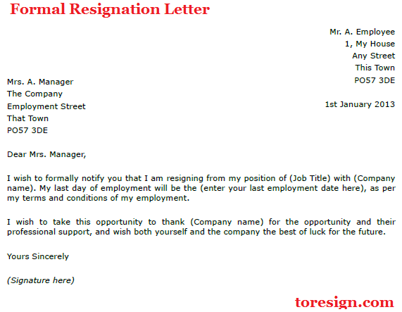 formal resignation letter