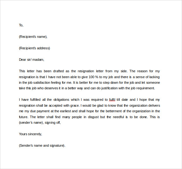 formal resignation letter