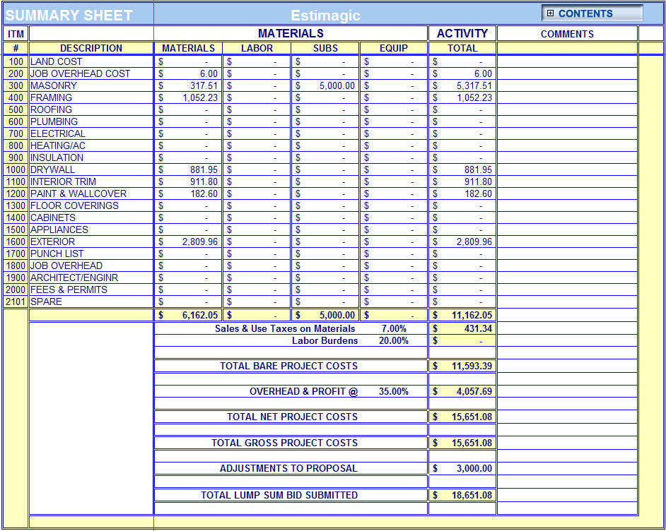 free building estimate format in excel